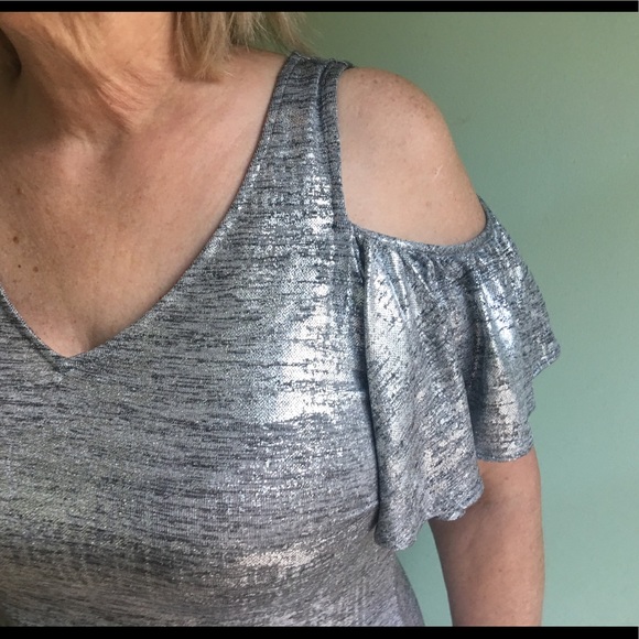 MSK Metallic Cold Shoulder Flutter Sleeve Dress - Picture 4 of 8